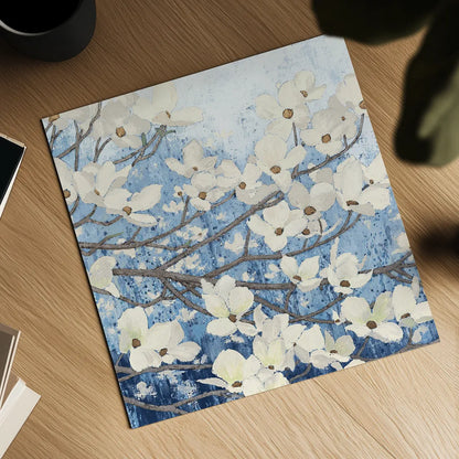 Dogwood Blossoms II Indigo by James Wiens. Shown as a detailed flat fine art print, highlighting archival giclee quality. Available as an archival giclee rolled canvas, fine art paper, or poster print. SKU 23973a.