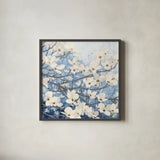 Dogwood Blossoms II Indigo by James Wiens. Shown in a sleek black glass frame for a contemporary gallery look. Available as an archival giclee rolled canvas, fine art paper, or poster print. SKU 23973a.