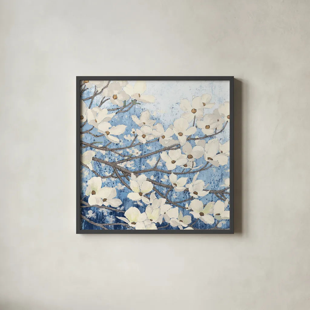 Dogwood Blossoms II Indigo by James Wiens. Shown in a sleek black glass frame for a contemporary gallery look. Available as an archival giclee rolled canvas, fine art paper, or poster print. SKU 23973a.