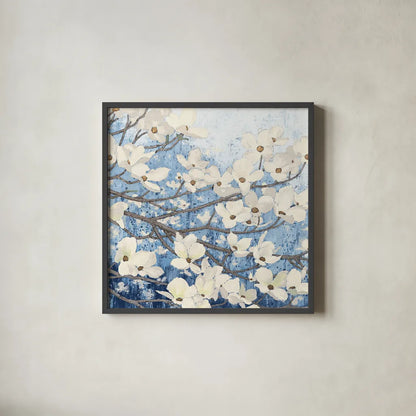 Dogwood Blossoms II Indigo by James Wiens. Shown in a sleek black glass frame for a contemporary gallery look. Available as an archival giclee rolled canvas, fine art paper, or poster print. SKU 23973a.