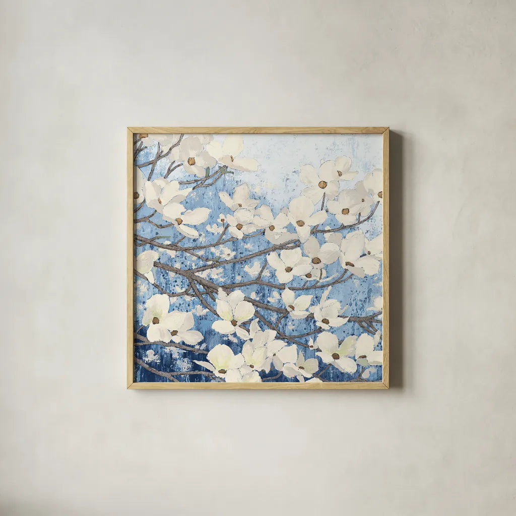 Dogwood Blossoms II Indigo by James Wiens. Shown in a natural wood glass frame for a timeless modern aesthetic. Available as an archival giclee rolled canvas, fine art paper, or poster print. SKU 23973a.