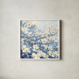 Dogwood Blossoms II Indigo by James Wiens. Shown in a crisp white glass frame for a clean and minimalist style. Available as an archival giclee rolled canvas, fine art paper, or poster print. SKU 23973a.