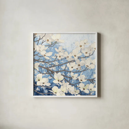 Dogwood Blossoms II Indigo by James Wiens. Shown in a crisp white glass frame for a clean and minimalist style. Available as an archival giclee rolled canvas, fine art paper, or poster print. SKU 23973a.