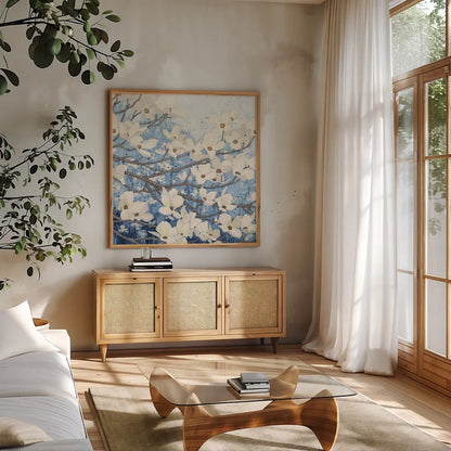 Dogwood Blossoms II Indigo by James Wiens. Shown in a natural wood frame in a cozy modern living room. Available as an archival giclee rolled canvas, fine art paper, or poster print. SKU 23973a.