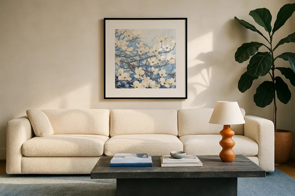 Dogwood Blossoms II Indigo by James Wiens. Displayed in a glass frame with matte in a clean modern living room. Available as an archival giclee rolled canvas, fine art paper, or poster print. SKU 23973a.