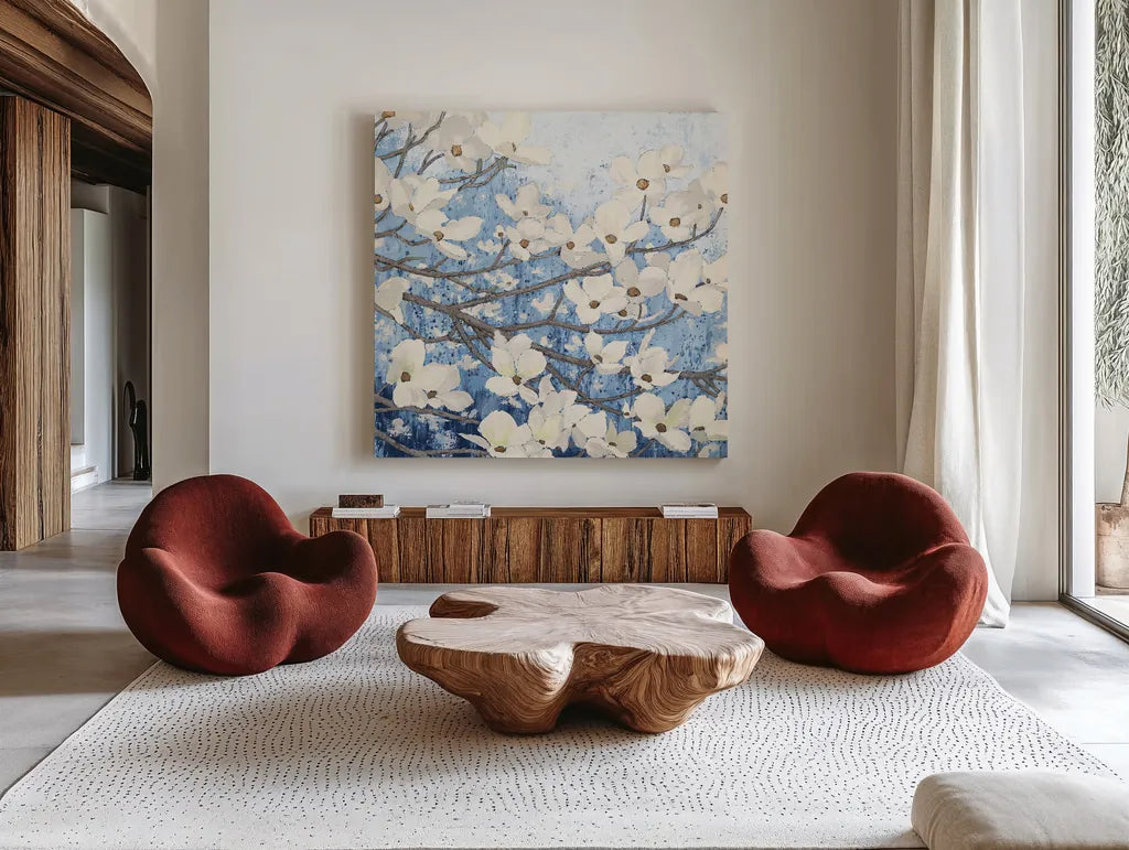 Dogwood Blossoms II Indigo by James Wiens. Shown as extra-large giant wall art in a modern living room. Available as an archival giclee rolled canvas, fine art paper, or poster print. SKU 23973a.