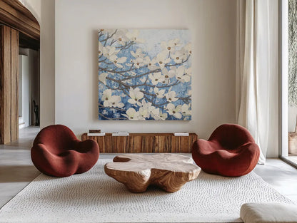 Dogwood Blossoms II Indigo by James Wiens. Shown as extra-large giant wall art in a modern living room. Available as an archival giclee rolled canvas, fine art paper, or poster print. SKU 23973a.