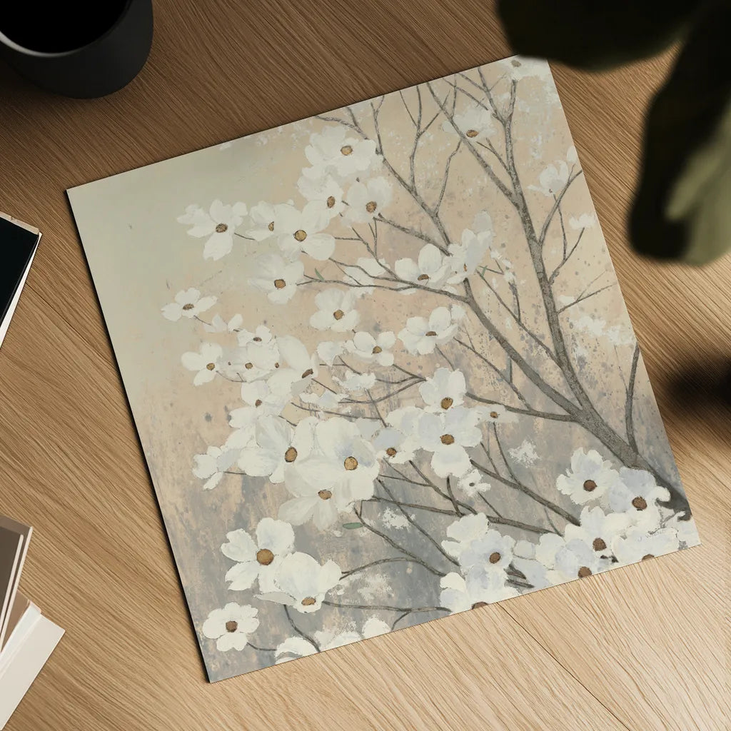 Dogwood Blossoms II Neutral by James Wiens. Shown as a detailed flat fine art print, highlighting archival giclee quality. Available as an archival giclee rolled canvas, fine art paper, or poster print. SKU 41473a.