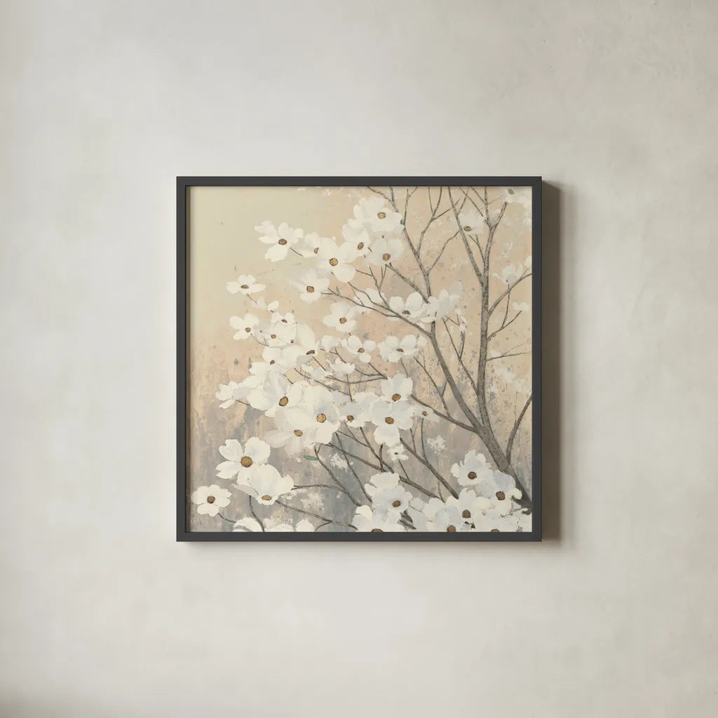 Dogwood Blossoms II Neutral by James Wiens. Shown in a sleek black glass frame for a contemporary gallery look. Available as an archival giclee rolled canvas, fine art paper, or poster print. SKU 41473a.