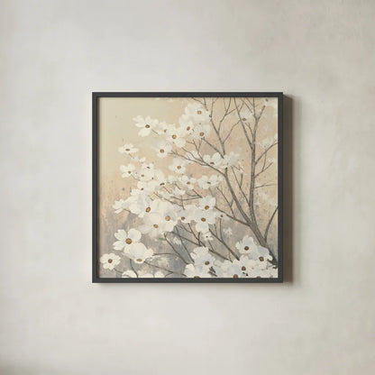 Dogwood Blossoms II Neutral by James Wiens. Shown in a sleek black glass frame for a contemporary gallery look. Available as an archival giclee rolled canvas, fine art paper, or poster print. SKU 41473a.