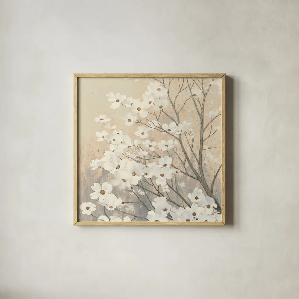 Dogwood Blossoms II Neutral by James Wiens. Shown in a natural wood glass frame for a timeless modern aesthetic. Available as an archival giclee rolled canvas, fine art paper, or poster print. SKU 41473a.