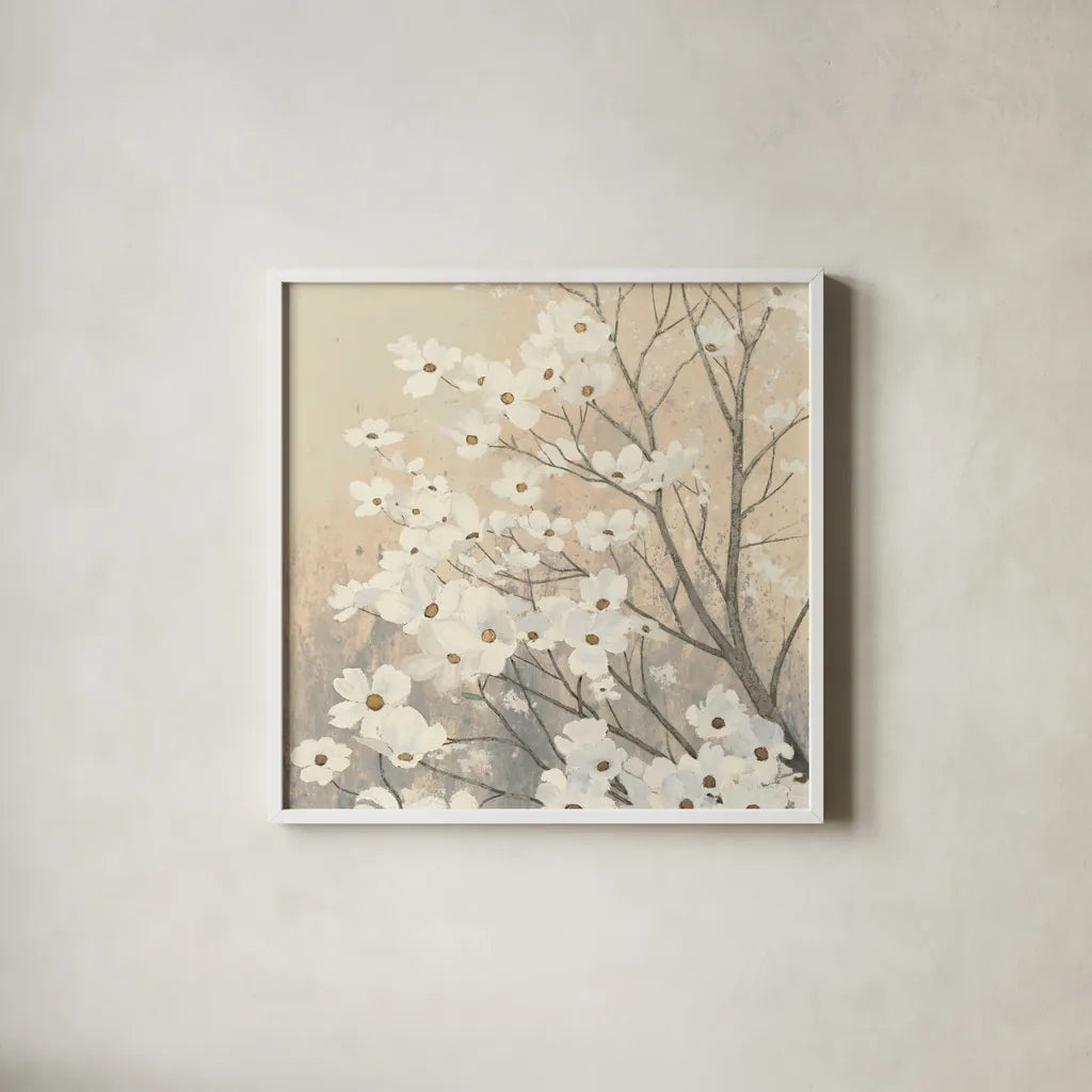 Dogwood Blossoms II Neutral by James Wiens. Shown in a crisp white glass frame for a clean and minimalist style. Available as an archival giclee rolled canvas, fine art paper, or poster print. SKU 41473a.