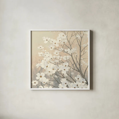 Dogwood Blossoms II Neutral by James Wiens. Shown in a crisp white glass frame for a clean and minimalist style. Available as an archival giclee rolled canvas, fine art paper, or poster print. SKU 41473a.