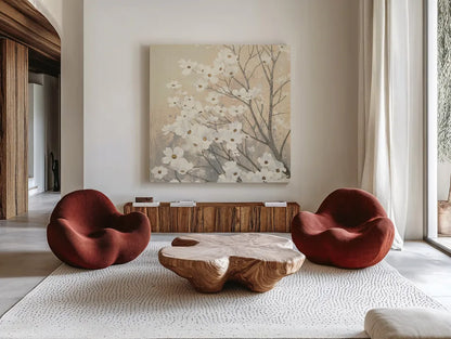 Dogwood Blossoms II Neutral by James Wiens. Shown as extra-large giant wall art in a modern living room. Available as an archival giclee rolled canvas, fine art paper, or poster print. SKU 41473a.