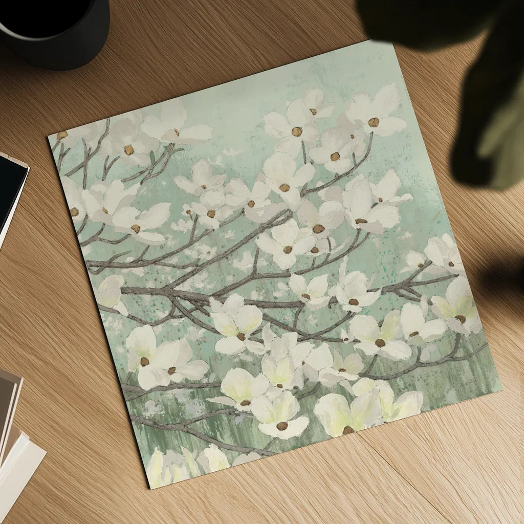 Dogwood Blossoms II Sage Green by James Wiens. Shown as a detailed flat fine art print, highlighting archival giclee quality. Available as an archival giclee rolled canvas, fine art paper, or poster print. SKU 11164a.