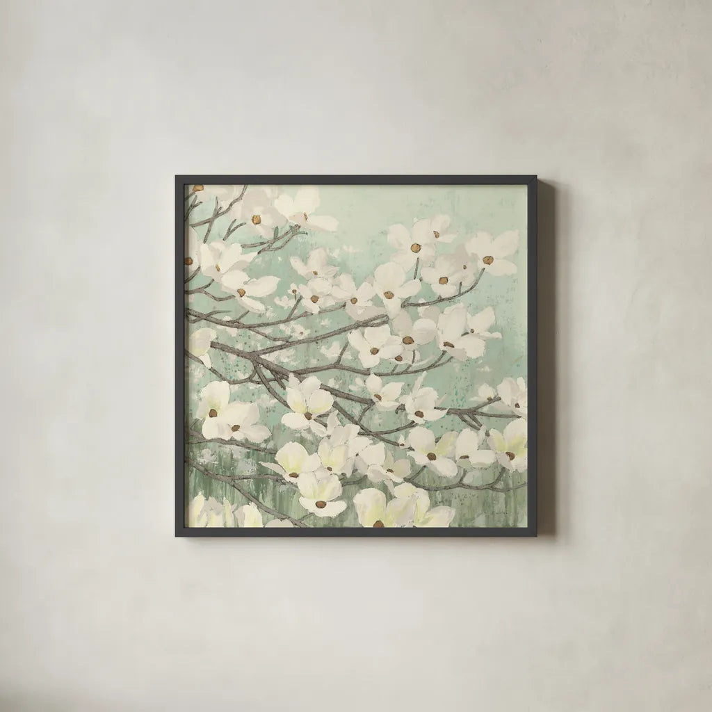 Dogwood Blossoms II Sage Green by James Wiens. Shown in a sleek black glass frame for a contemporary gallery look. Available as an archival giclee rolled canvas, fine art paper, or poster print. SKU 11164a.