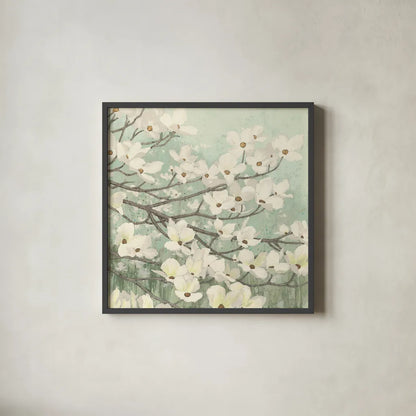 Dogwood Blossoms II Sage Green by James Wiens. Shown in a sleek black glass frame for a contemporary gallery look. Available as an archival giclee rolled canvas, fine art paper, or poster print. SKU 11164a.