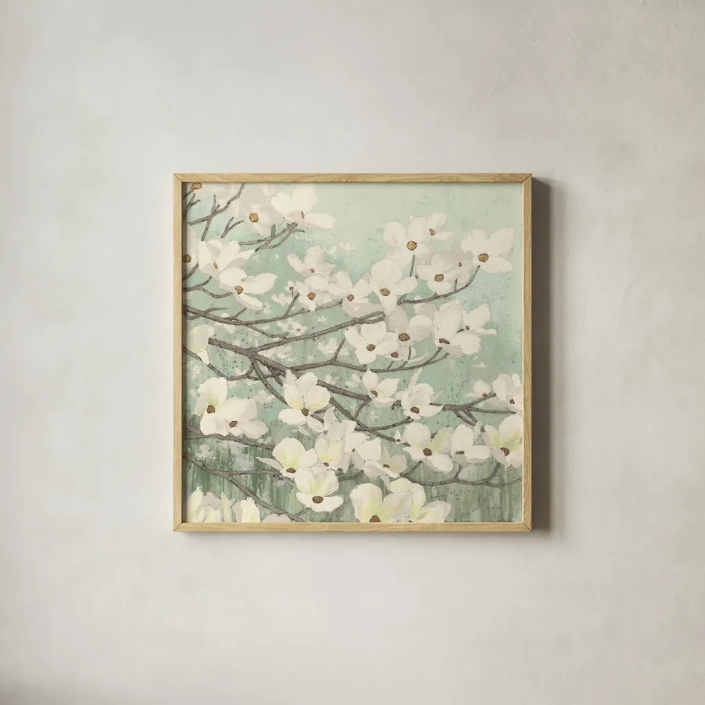 Dogwood Blossoms II Sage Green by James Wiens. Shown in a natural wood glass frame for a timeless modern aesthetic. Available as an archival giclee rolled canvas, fine art paper, or poster print. SKU 11164a.