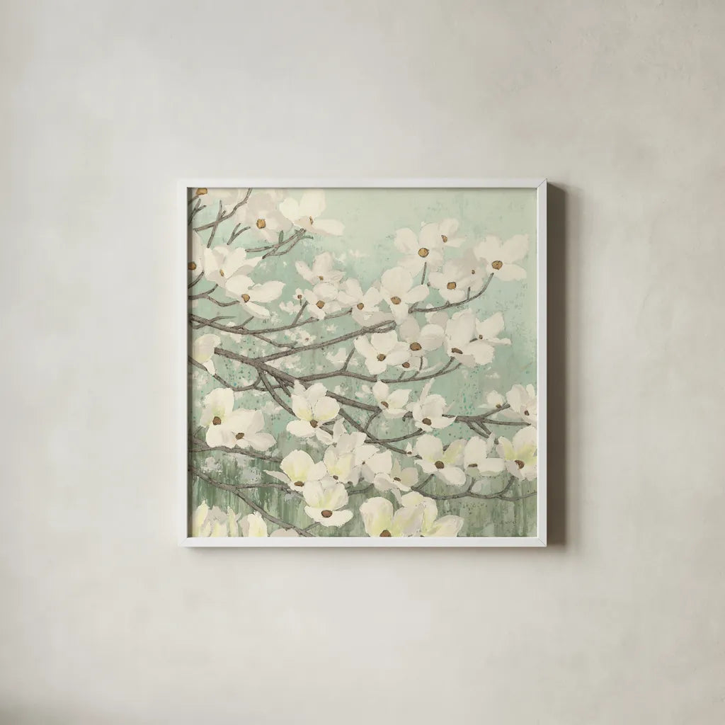 Dogwood Blossoms II Sage Green by James Wiens. Shown in a crisp white glass frame for a clean and minimalist style. Available as an archival giclee rolled canvas, fine art paper, or poster print. SKU 11164a.