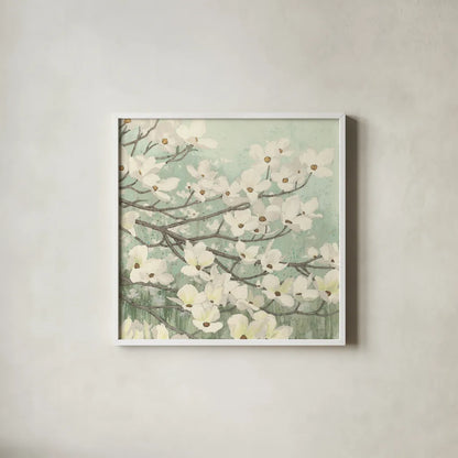 Dogwood Blossoms II Sage Green by James Wiens. Shown in a crisp white glass frame for a clean and minimalist style. Available as an archival giclee rolled canvas, fine art paper, or poster print. SKU 11164a.