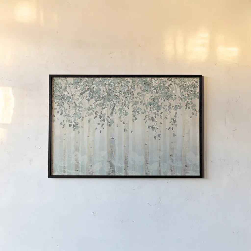 Dream Forest I Silver Leaves by James Wiens. shown as a paper print in a black flame. Available as a archival giclee rolled canvas, fine art paper, or poster print. SKU 27973i.