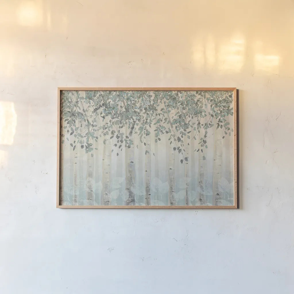 Dream Forest I Silver Leaves by James Wiens. shown as a paper print in a natural frame. Available as a archival giclee rolled canvas, fine art paper, or poster print. SKU 27973i.