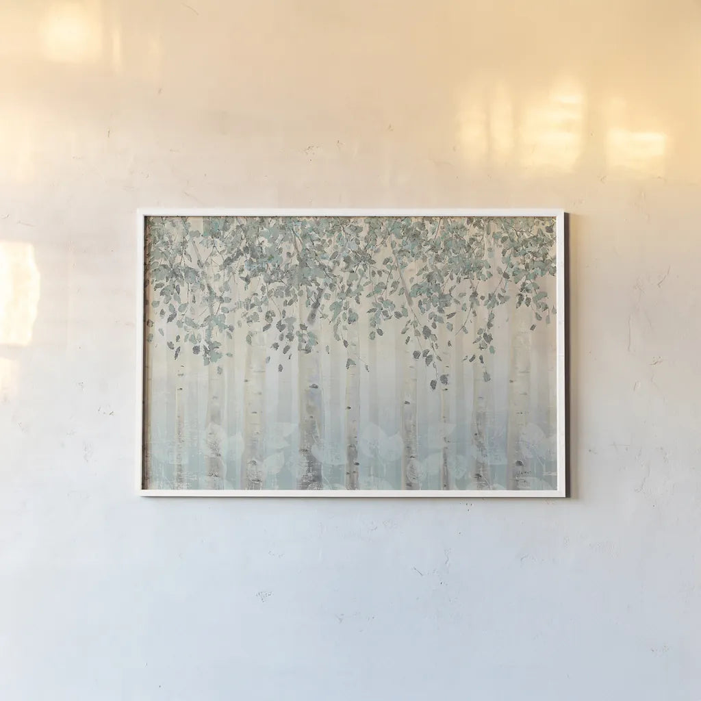 Dream Forest I Silver Leaves by James Wiens. shown as a paper print in a white frame. Available as a archival giclee rolled canvas, fine art paper, or poster print. SKU 27973i.