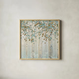 Dream Forest Square I by James Wiens. Shown in a natural wood glass frame for a timeless modern aesthetic. Available as an archival giclee rolled canvas, fine art paper, or poster print. SKU 16217a.