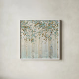 Dream Forest Square I by James Wiens. Shown in a crisp white glass frame for a clean and minimalist style. Available as an archival giclee rolled canvas, fine art paper, or poster print. SKU 16217a.