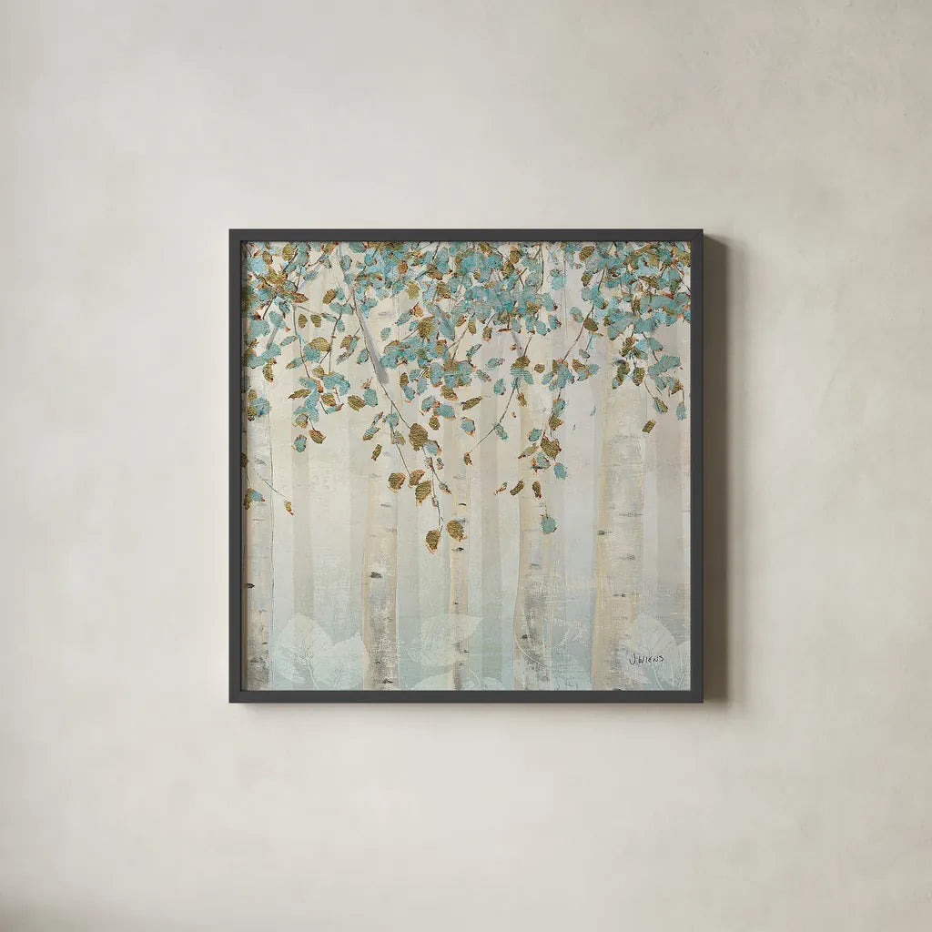 Dream Forest Square II by James Wiens. Shown in a sleek black glass frame for a contemporary gallery look. Available as an archival giclee rolled canvas, fine art paper, or poster print. SKU 16218a.