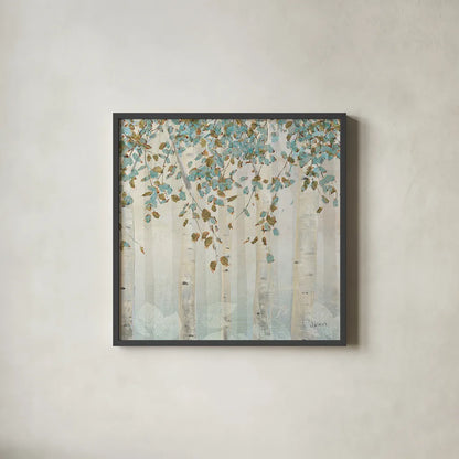 Dream Forest Square II by James Wiens. Shown in a sleek black glass frame for a contemporary gallery look. Available as an archival giclee rolled canvas, fine art paper, or poster print. SKU 16218a.