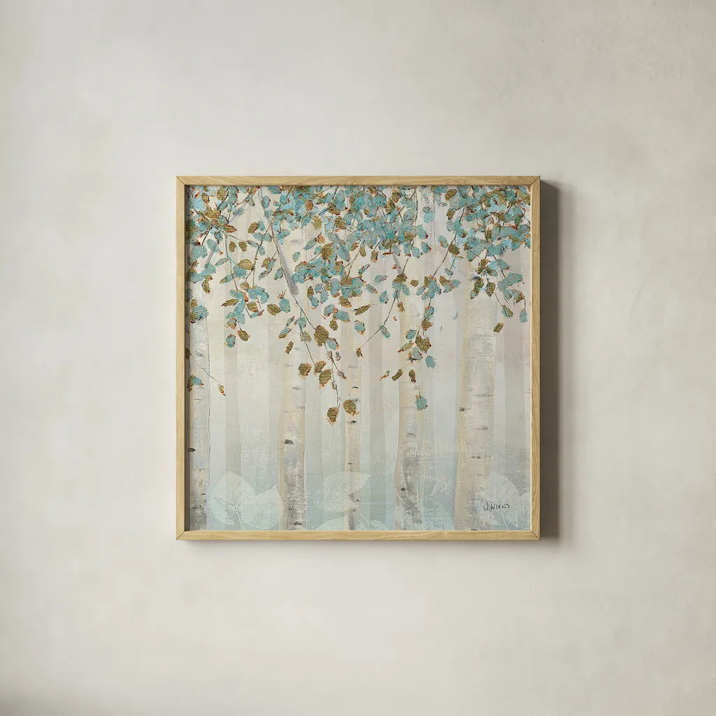 Dream Forest Square II by James Wiens. Shown in a natural wood glass frame for a timeless modern aesthetic. Available as an archival giclee rolled canvas, fine art paper, or poster print. SKU 16218a.