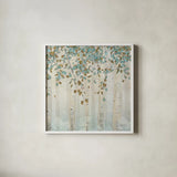 Dream Forest Square II by James Wiens. Shown in a crisp white glass frame for a clean and minimalist style. Available as an archival giclee rolled canvas, fine art paper, or poster print. SKU 16218a.