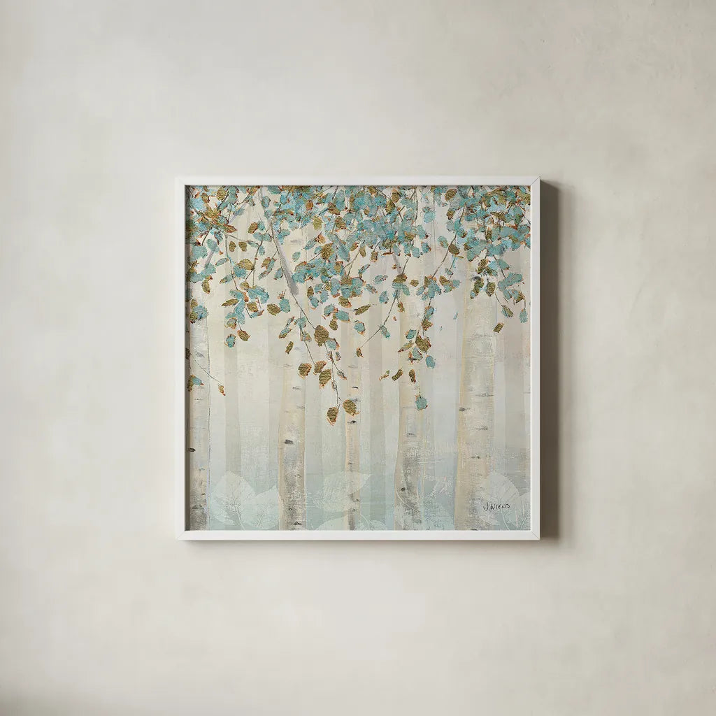 Dream Forest Square II by James Wiens. Shown in a crisp white glass frame for a clean and minimalist style. Available as an archival giclee rolled canvas, fine art paper, or poster print. SKU 16218a.