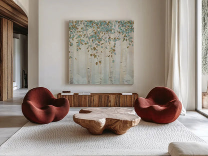 Dream Forest Square II by James Wiens. Shown as extra-large giant wall art in a modern living room. Available as an archival giclee rolled canvas, fine art paper, or poster print. SKU 16218a.