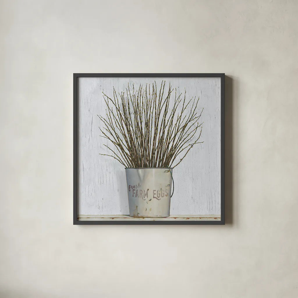 Early Spring Farm by James Wiens. Shown in a sleek black glass frame for a contemporary gallery look. Available as an archival giclee rolled canvas, fine art paper, or poster print. SKU 34056a.