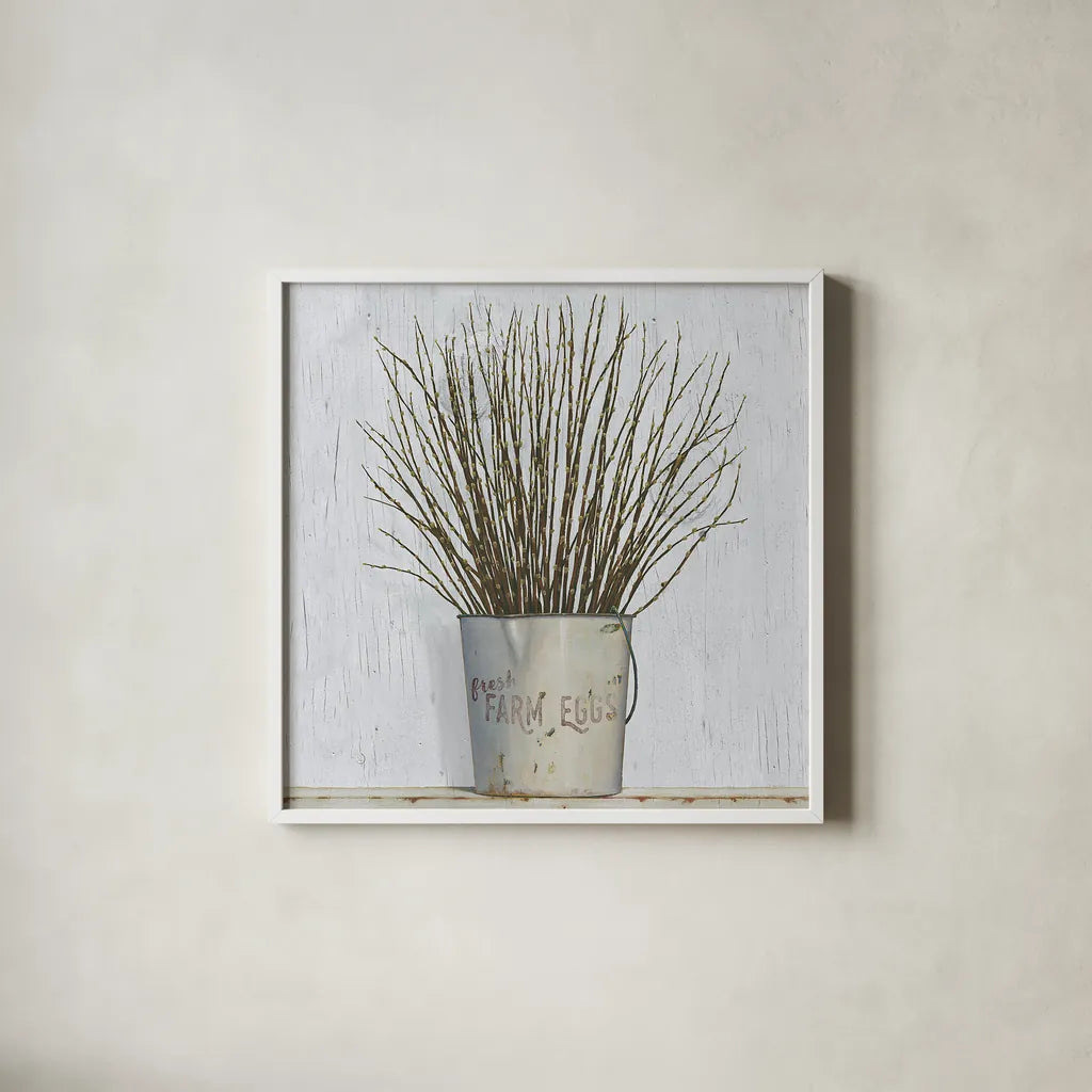 Early Spring Farm by James Wiens. Shown in a crisp white glass frame for a clean and minimalist style. Available as an archival giclee rolled canvas, fine art paper, or poster print. SKU 34056a.