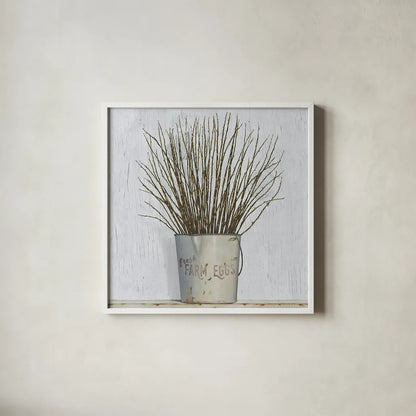 Early Spring Farm by James Wiens. Shown in a crisp white glass frame for a clean and minimalist style. Available as an archival giclee rolled canvas, fine art paper, or poster print. SKU 34056a.