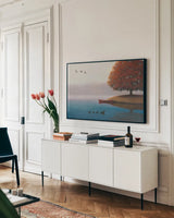 Early in the Morning by James Wiens. shown as a framed stretched canvas in a living room above a console. Available as a archival giclee rolled canvas, fine art paper, or poster print. SKU 20446i.