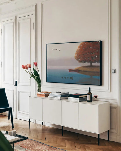 Early in the Morning by James Wiens. shown as a framed stretched canvas in a living room above a console. Available as a archival giclee rolled canvas, fine art paper, or poster print. SKU 20446i.