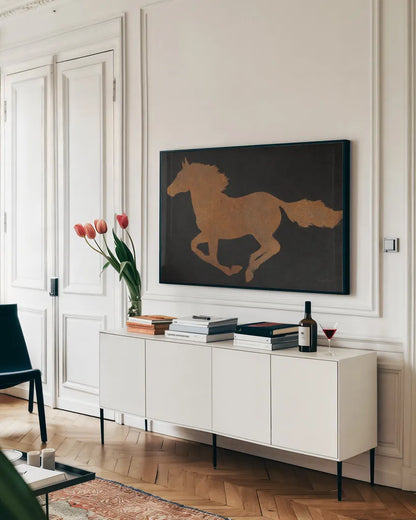 Equine I Industrial by James Wiens. shown as a framed stretched canvas in a living room above a console. Available as a archival giclee rolled canvas, fine art paper, or poster print. SKU 91231i.