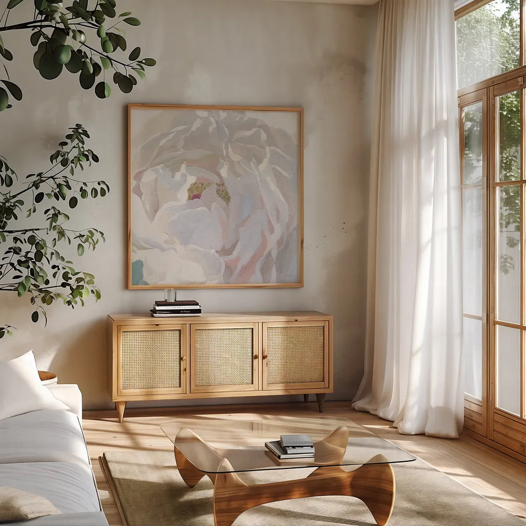 Essence of June Floral I by James Wiens. Shown in a natural wood frame in a cozy modern living room. Available as an archival giclee rolled canvas, fine art paper, or poster print. SKU 53127a.