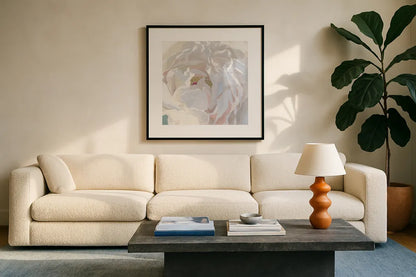 Essence of June Floral I by James Wiens. Displayed in a glass frame with matte in a clean modern living room. Available as an archival giclee rolled canvas, fine art paper, or poster print. SKU 53127a.