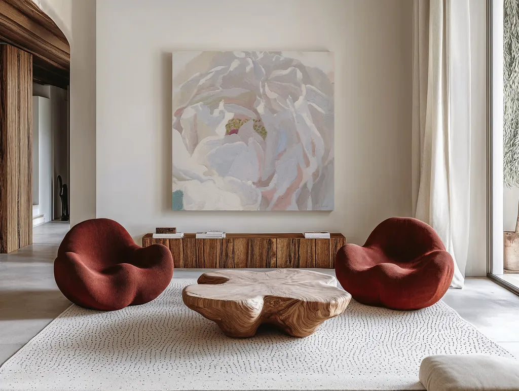 Essence of June Floral I by James Wiens. Shown as extra-large giant wall art in a modern living room. Available as an archival giclee rolled canvas, fine art paper, or poster print. SKU 53127a.
