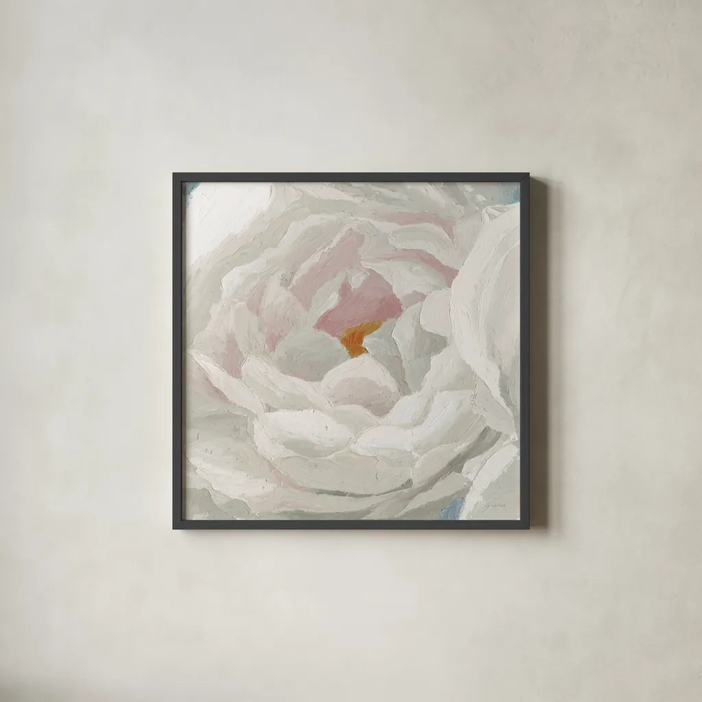 Essence of June Floral II by James Wiens. Shown in a sleek black glass frame for a contemporary gallery look. Available as an archival giclee rolled canvas, fine art paper, or poster print. SKU 53128a.