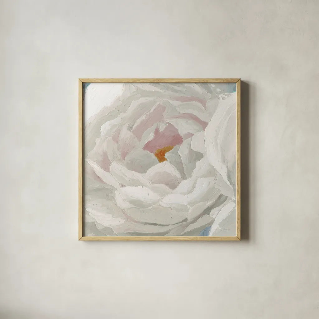 Essence of June Floral II by James Wiens. Shown in a natural wood glass frame for a timeless modern aesthetic. Available as an archival giclee rolled canvas, fine art paper, or poster print. SKU 53128a.