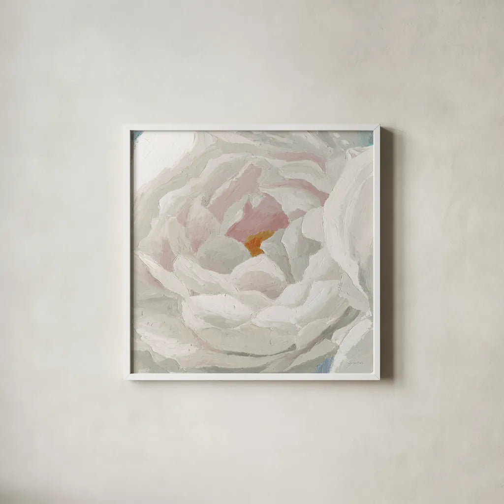 Essence of June Floral II by James Wiens. Shown in a crisp white glass frame for a clean and minimalist style. Available as an archival giclee rolled canvas, fine art paper, or poster print. SKU 53128a.