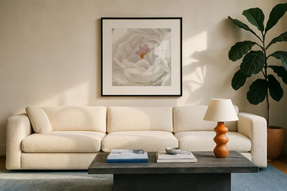 Essence of June Floral II by James Wiens. Displayed in a glass frame with matte in a clean modern living room. Available as an archival giclee rolled canvas, fine art paper, or poster print. SKU 53128a.