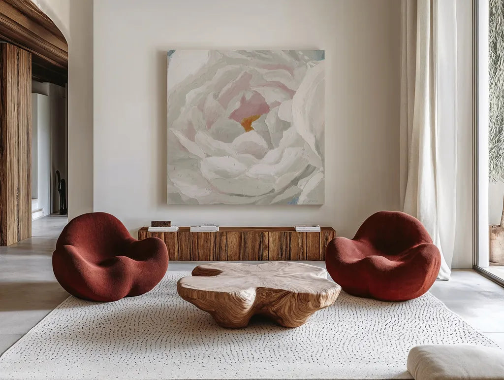 Essence of June Floral II by James Wiens. Shown as extra-large giant wall art in a modern living room. Available as an archival giclee rolled canvas, fine art paper, or poster print. SKU 53128a.
