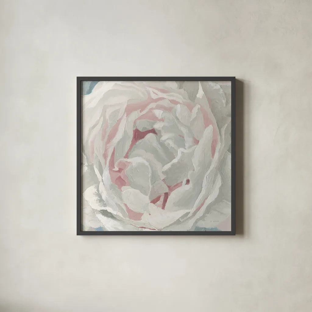 Essence of June Floral III by James Wiens. Shown in a sleek black glass frame for a contemporary gallery look. Available as an archival giclee rolled canvas, fine art paper, or poster print. SKU 53129a.